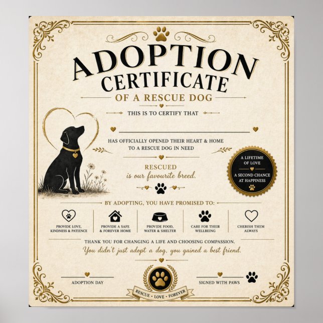 Personalised Rescue Dog Adoption Certificate Poster (Framsidan)