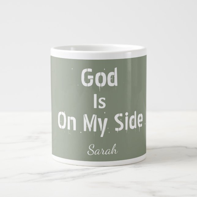 Personalised Sage Green Name God Is On My Side Tea Jumbo Mugg (Framsidan)
