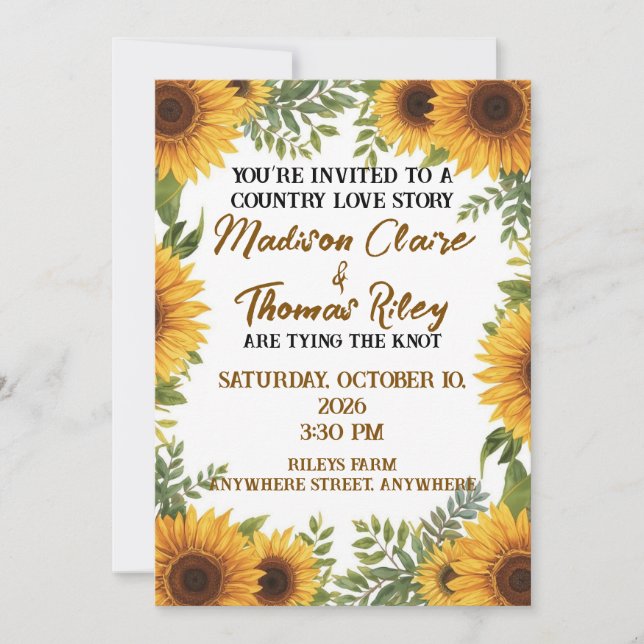 Personalised Sunflower Wedding Invitation | Rustic Inbjudningar (Framsida)