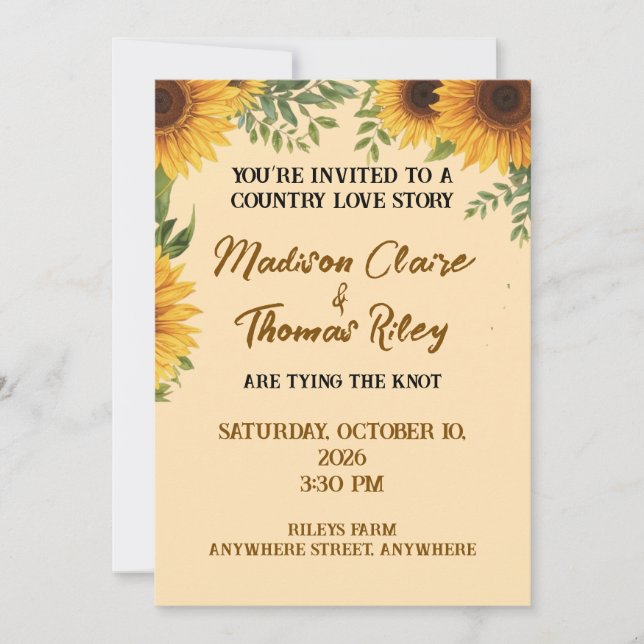 Personalised Sunflower Wedding Invitation | Rustic Inbjudningar (Framsida)