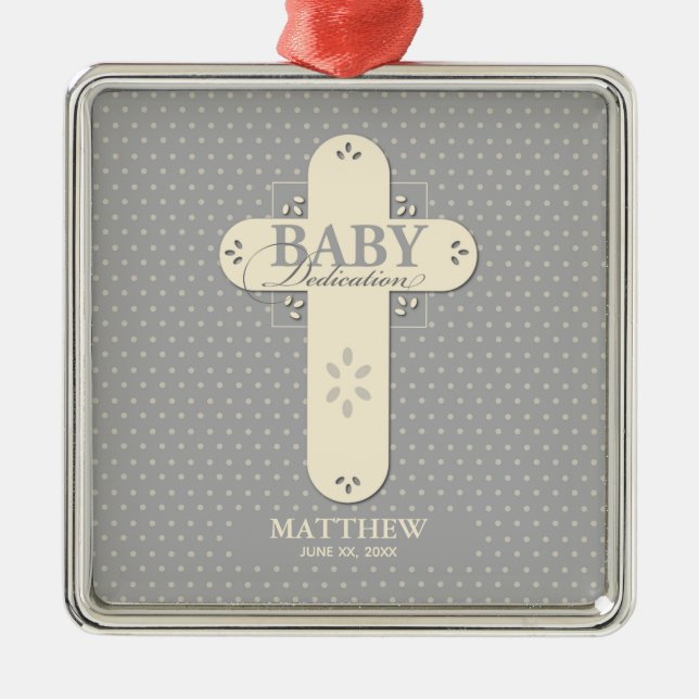 Personalisera, Baby Dedication Cream & Grå Kors Julgransprydnad Metall (Framsidan)