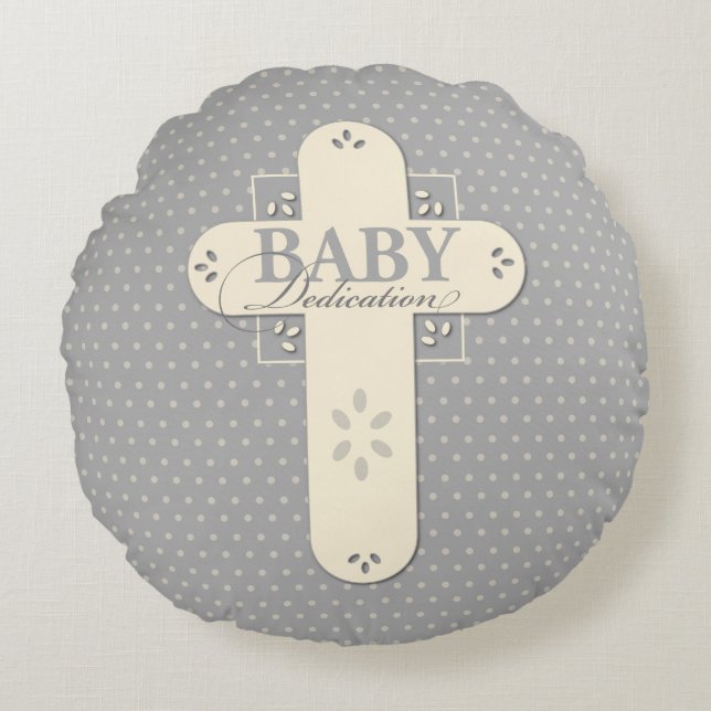 Personalisera, Baby Dedication Cream & Grå Kors Rund Kudde (Framsidan)