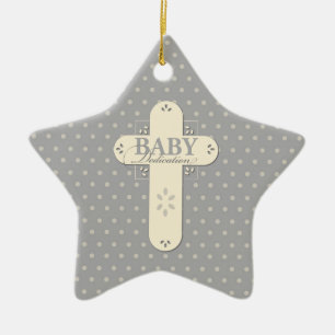 Personalisera, Baby Dedication Cream & Gray Cross Julgransprydnad Keramik