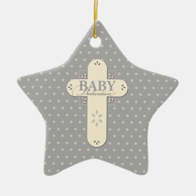 Personalisera, Baby Dedication Cream & Gray Cross Julgransprydnad Keramik (Framsidan)