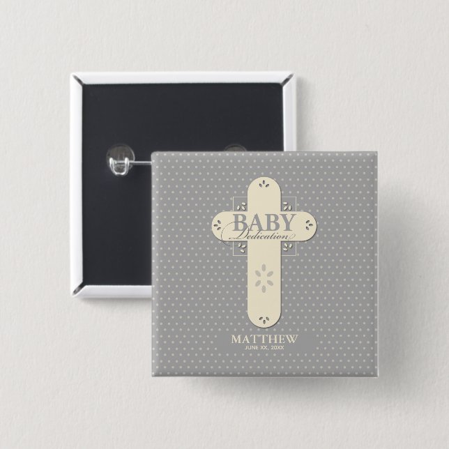 Personalisera, Baby Dedication Cream & Gray Cross Knapp (Framsida & baksida)