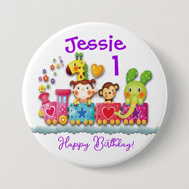 Personalisera Birthday Animal Tåg Young Child Big Knapp (Framsida)