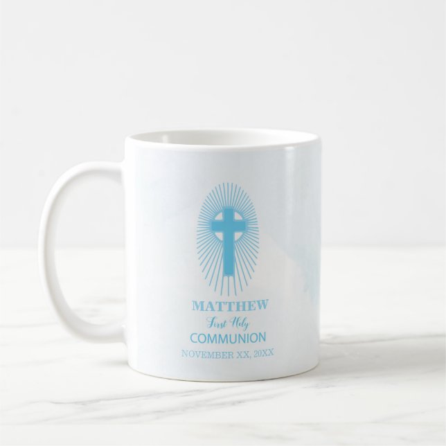 Personalisera, Blå Första Heliga Kommunion Kors Vä Kaffemugg (Vänster)