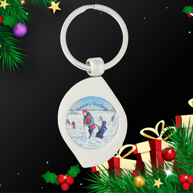 PERSONALISERA Blå och röda vintermålningsscener Swirl Silverfärgad Nyckelring (Elegant Keychain with wintery children playing landscape.)