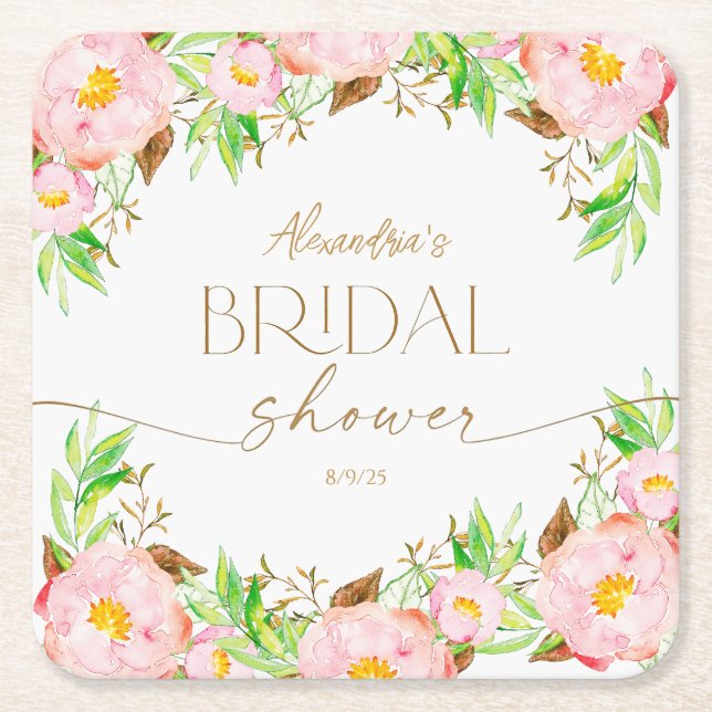 Personalisera Bröllopsduschblommor och blad Underlägg Papper Kvadrat (Framsidan)