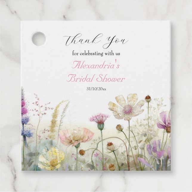 Personalisera bröllopsfest vilda blommor tack gåvor etiketter (Framsida)