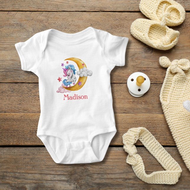 Personalisera Cute Girly Unicorn Måne Clouds Rosa T Shirt (Personalized Monogrammed Unicorn Moon Clouds Baby girl baby body suit. Baby Shower gift, new baby )