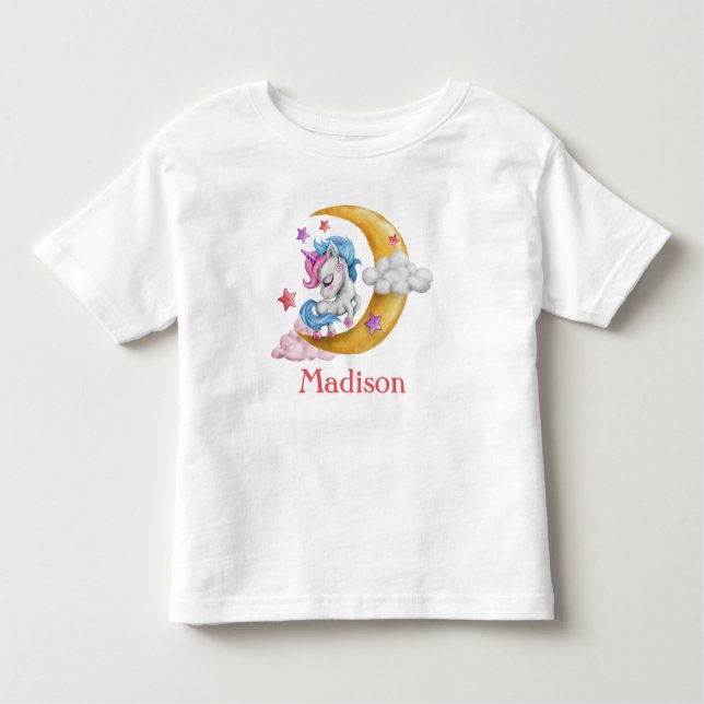 Personalisera Cute Girly Unicorn Måne Clouds Rosa T Shirt (Framsida)
