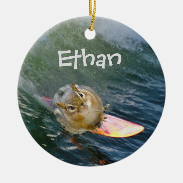 Personalisera Cute Surfing Chipmunk Julgransprydnad Keramik (Framsidan)