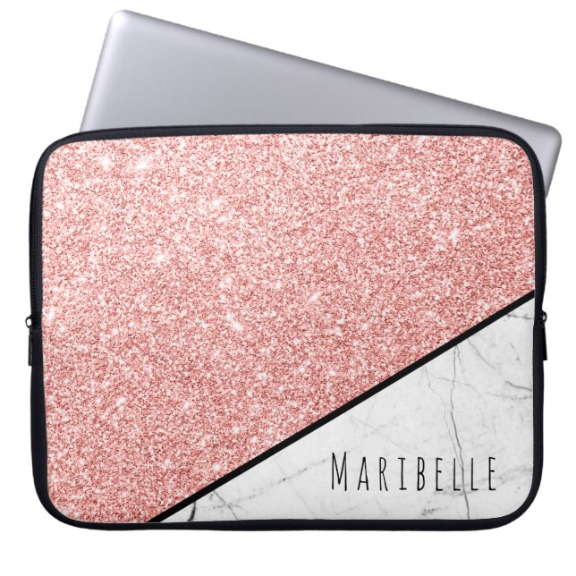 Personalisera den blå Ro-Guld-Faux Glitter Marble Laptop Fodral (Framsidan)