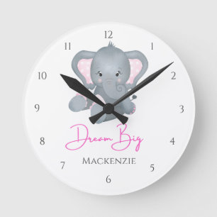 Personalisera Dream Big Rosa Grått Elephant Flicka Rund Klocka