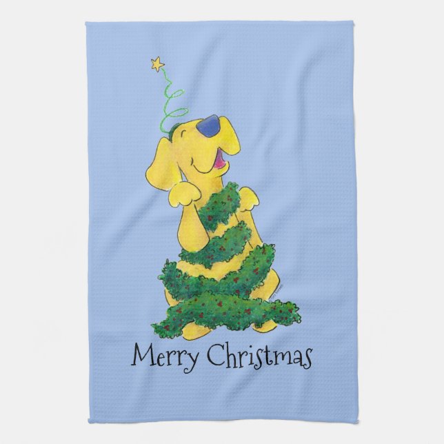 Personalisera Festive Lab Julgran Funny Blue Kökshandduk (Vertikal)