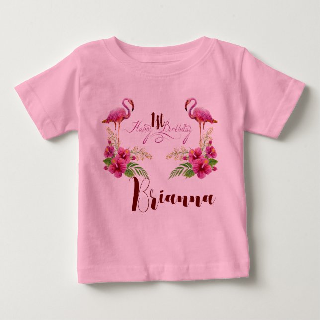 Personalisera Flamingo Hibiscus Rosa Girly Birthda T Shirt (Framsida)