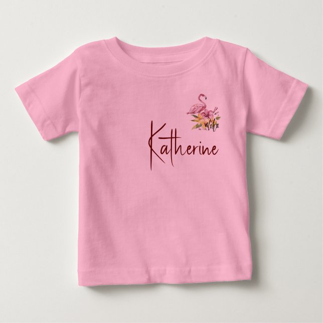 Personalisera Flamingo med Tropiska Blommor Aloha T Shirt (Framsida)