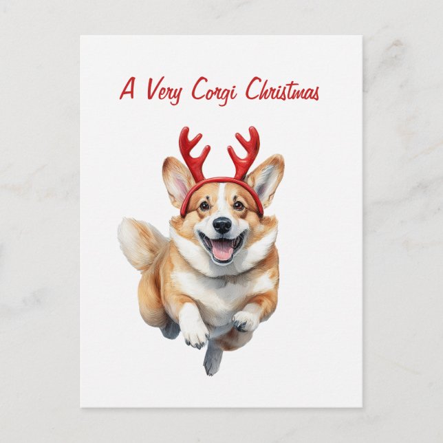Personalisera jul Corgi med renhorn  Vykort (Framsida)