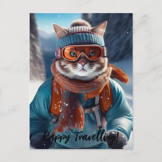 Personalisera Katt skidar på de snöiga backarna Vykort (Framsida)