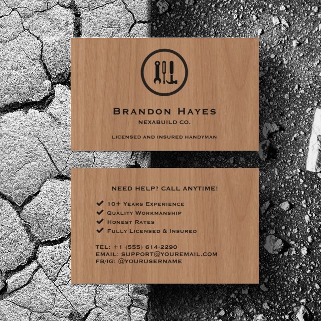 Personalisera Konstruktion Hantverkare Verktyg Trä Visitkort (Personalized your business card details)