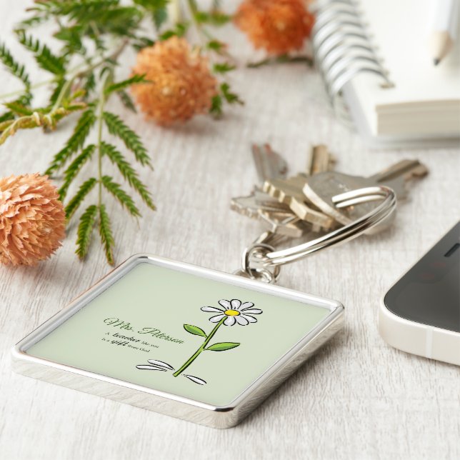 Personalisera, Lärarens Tack, Religiös Blomma Fyrkantig Silverfärgad Nyckelring (Sidan)