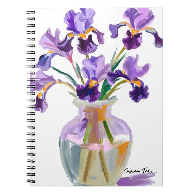PERSONALISERA Lila Irisblommor i en vas anteckning Anteckningsbok (Framsidan)