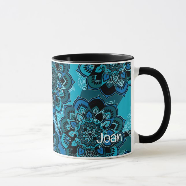 Personalisera Namn Blue Boho Paisley Black Inside  Mugg (Höger)
