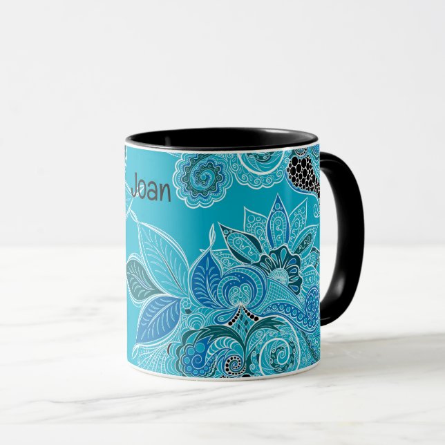Personalisera Namn Blue Boho Paisley Black Inside  Mugg (Framsida höger)