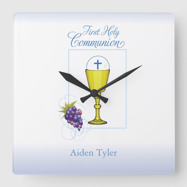 Personalisera Namn Boy First Communion Chalice, vä Fyrkantig Klocka (Framsida)