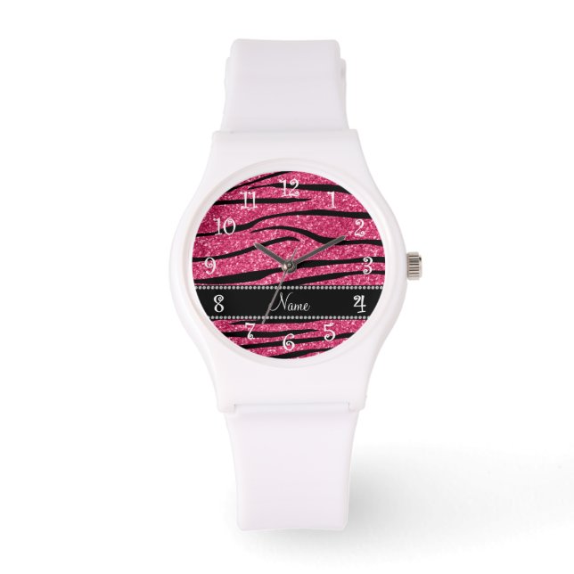 Personalisera namn fuchsia rosa glitter zebra rand armbandsur (Framsida)