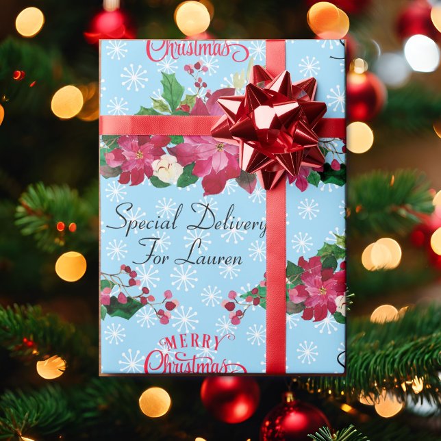 Personalisera Namn Poinsettia Snöflingor jul W Presentpapper (Skapare uppladdad)