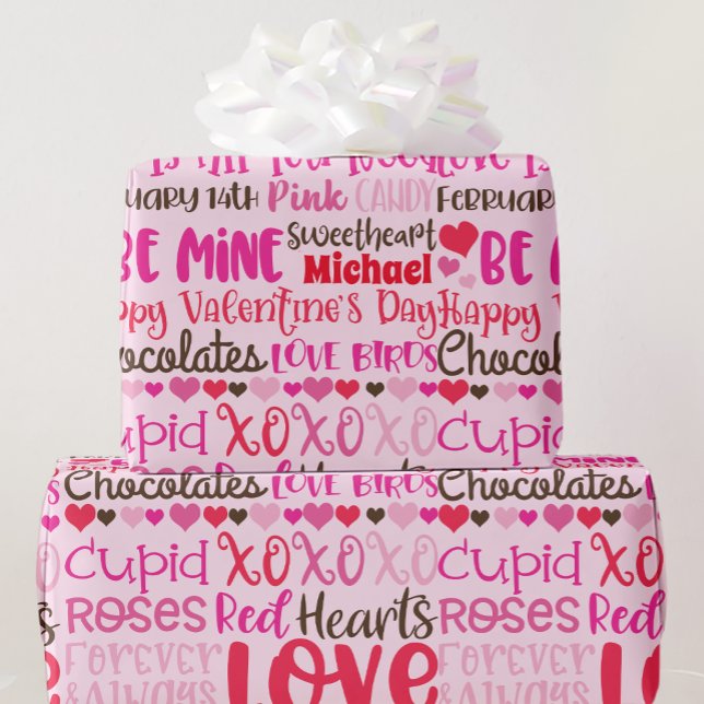 Personalisera Namn Valentines day Red Rosa Hearts  Presentpapper (Skapare uppladdad)
