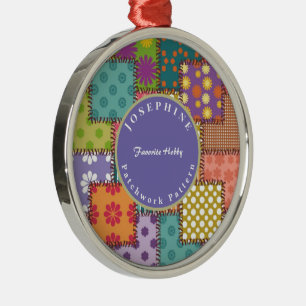 Personalisera Patchwork Mönster Flowers Polka Dot Julgransprydnad Metall