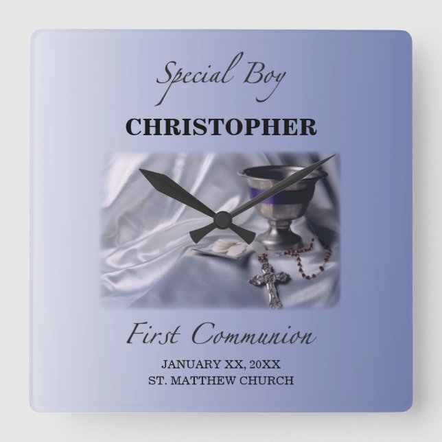 Personalisera, pojke, första kommunblå fyrkantig klocka (Framsida)