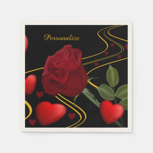 Personalisera Romantic Red Hearts Ro Guld Ribbon Pappersservett (Framsidan)