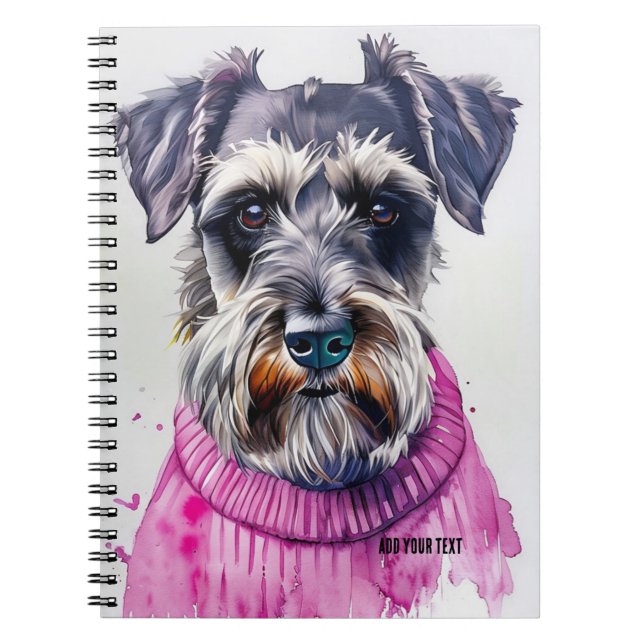 PERSONALISERA: Schnauzer Hund in Rosa Sweater Anteckningsbok (Framsidan)