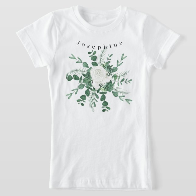 Personalisera Vit ros Bouquet Eucalyptus Löv T Shirt (Laydown)