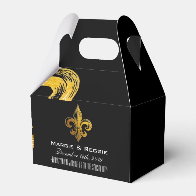 PERSONALISERAD SVART VIT & GULD FLEUR DE LIS FAVOR PRESENTASKAR (Framsidan Sidan)