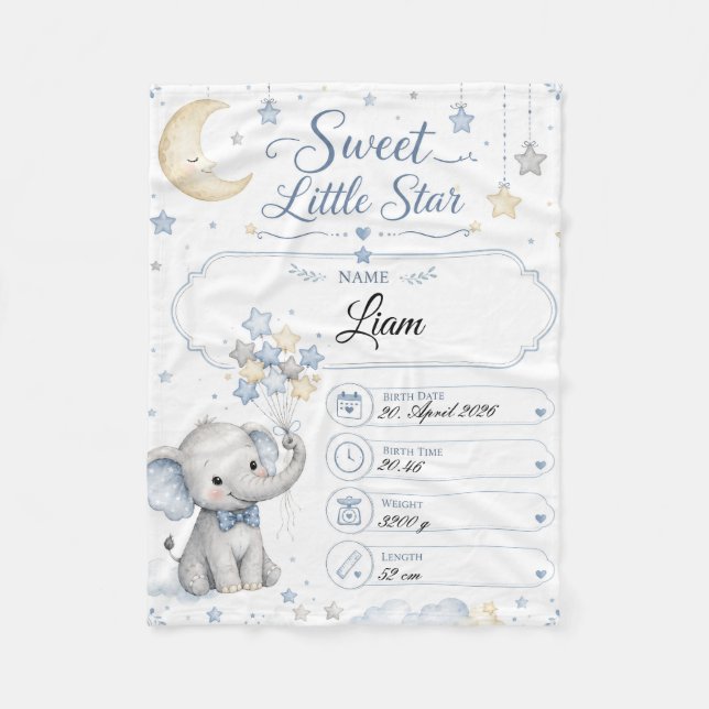 Personalisierbare Baby Geburtstafel mit Elefant  Fleecefilt (Framsidan)