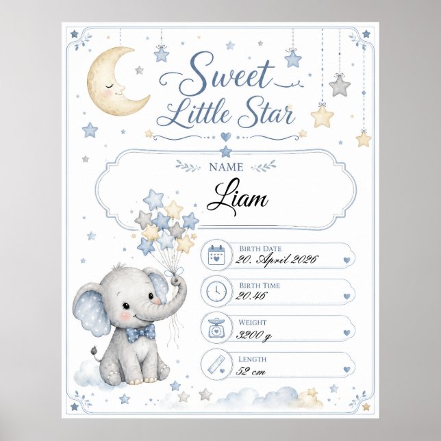 Personalisierbare Baby Geburtstafel mit Elefant  Poster (Framsidan)