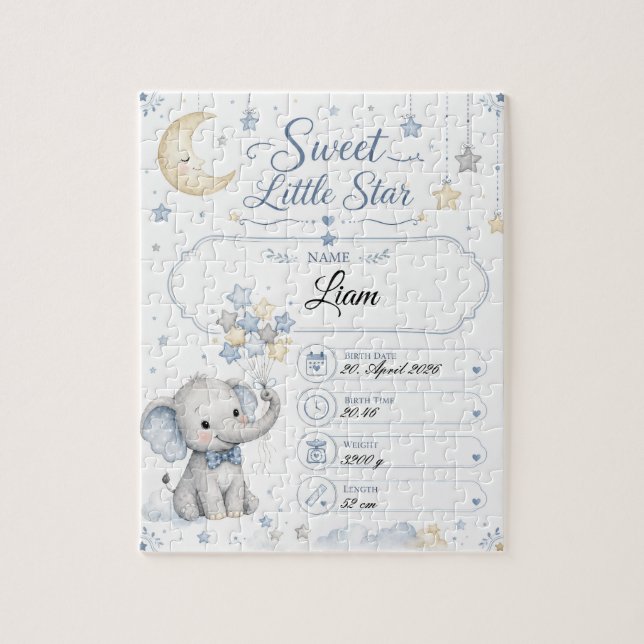 Personalisierbare Baby Geburtstafel mit Elefant  Pussel (Vertikal)