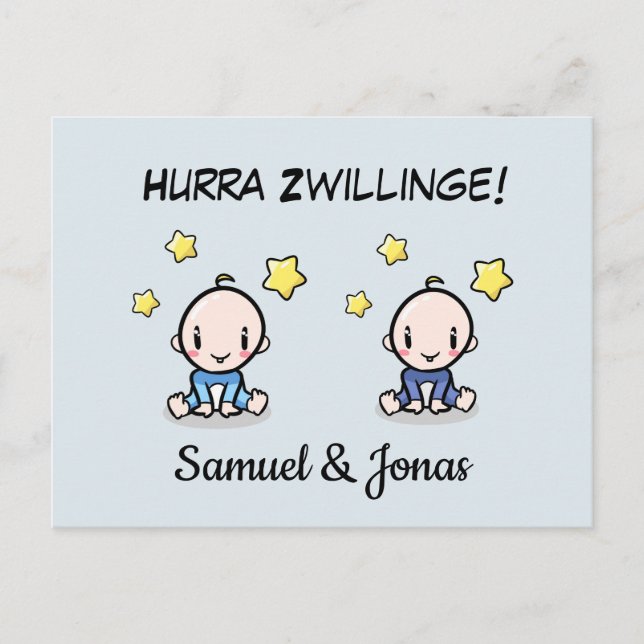 Personalisierte Glückwünsche zur Geburt Zwillinge, Vykort (Framsida)