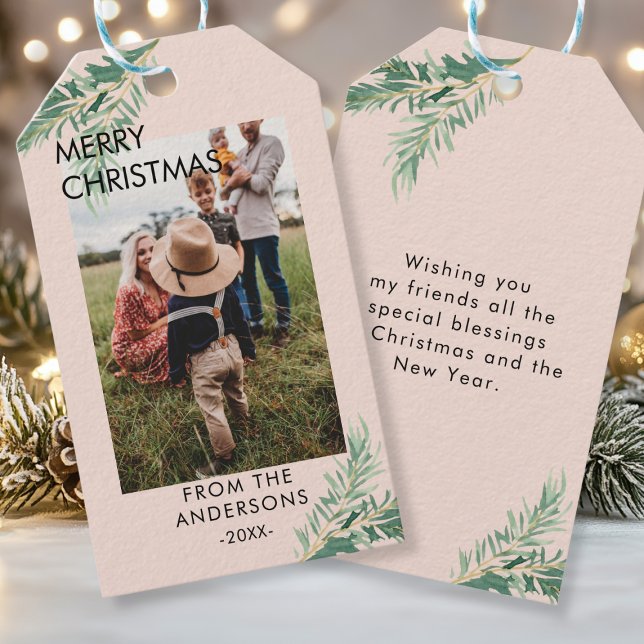 Personalisierte Photo Weihnachts- Geschenkanhänger Presentetikett (Personalized Photo, Leafy, Christmas Favor Tags. Your Name, Text & Photo.)
