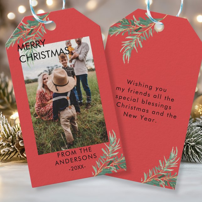 Personalisierte Photo Weihnachts- Geschenkanhänger Presentetikett (Personalized Photo, Leafy, Christmas Favor Tags. Your Name, Text & Photo.)
