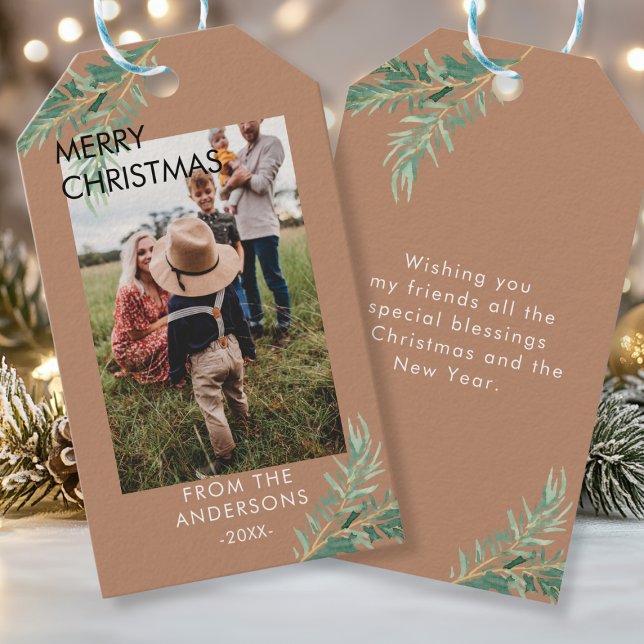 Personalisierte Photo Weihnachts- Geschenkanhänger Presentetikett (Personalized Photo, Leafy, Christmas Favor Tags. Your Name, Text & Photo.)