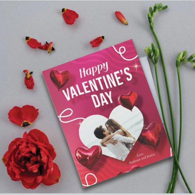 Personaliz Lycklig Valentines foto Balloon Hearts Julkort (Skapare uppladdad)