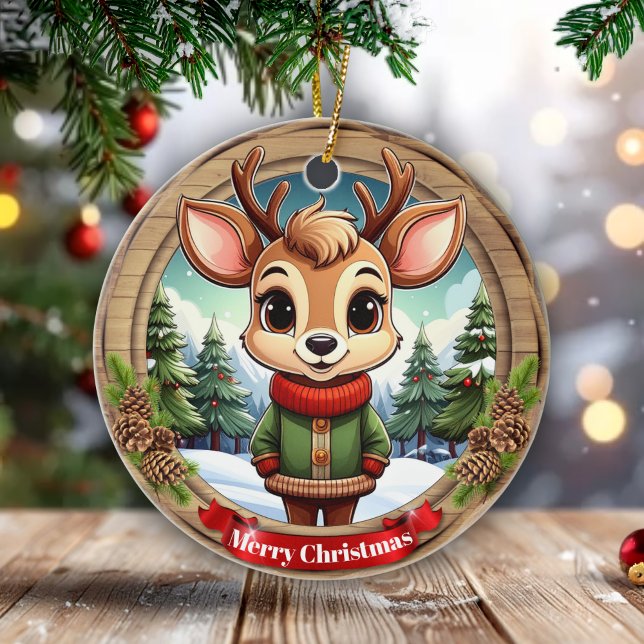 Personalizable cute reindeer character Art 🦌🎄 Julgransprydnad Keramik (Personalizable cute reindeer character art xmas wildlife animal rustic pinecone ceramic ornament🦌🎄)