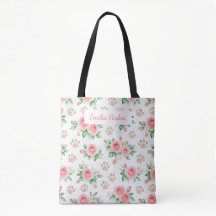 Personalizable Watercolor Rose and Paw Print Tote 