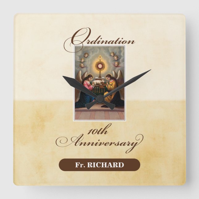 Personalize, 10:e ordination-årsdagen Änglar Fyrkantig Klocka (Framsida)